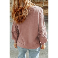 Pink Lace Waffle Patchwork Strappy V Neck Long Sleeve Top - S thumbnail