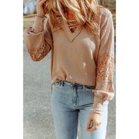 Azura Exchange Lace Waffle Patchwork Strappy V Neck Long Sleeve Top - XL thumbnail