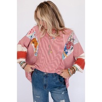Red Pinstriped Color Block Patchwork Oversized Top - XL thumbnail