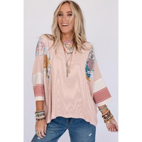 Pink Printed Pinstriped Color Block Patchwork Oversized Top - M thumbnail