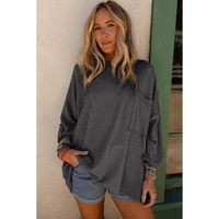 Dark Gray Ribbed Roll-tab Sleeve Chest Pocket Oversize Top - M thumbnail