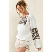 Azura Exchange Leopard Patch Puff Sleeve Textured Blouse - M thumbnail