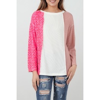 Pink Waffle Knit Exposed Seam Leopard Colorblock Print Top - L thumbnail