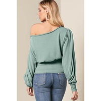 Green Off Shoulder Bishop Sleeve Cinched Waist Blouse - L thumbnail