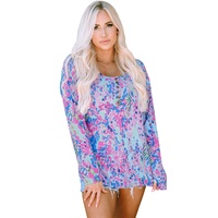 Azura Exchange Printed Wide Neck Thumbhole Sleeve Henley Top - L thumbnail
