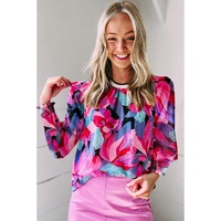 Azura Exchange Floral Print Ruched Sleeve Puff Sleeve Blouse - L thumbnail