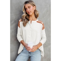 Azura Exchange Contrast Crochet Lace Henley Top - L thumbnail