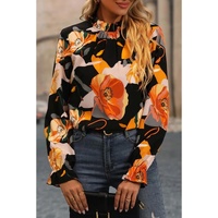 Black Floral Print Mock Neck Blouse - M thumbnail