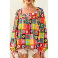 Azura Exchange Multicolor Floral Crochet Square Neck Puff Sleeve Blouse - M thumbnail