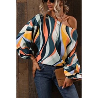 Azura Exchange Wavy Striped Boat Neck Puff Sleeve Blouse - M thumbnail