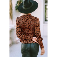Brown Leopard Smocked Puff Sleeve Peplum Top - S thumbnail