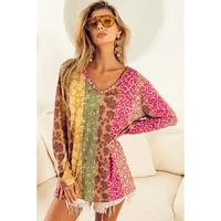 Azura Exchange Floral Leopard Mixed Print V Neck Long Sleeve Tee - M thumbnail