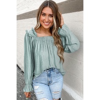 Green Ruffled Square Neck Cuffs Long Sleeve Blouse - L thumbnail