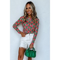 Azura Exchange Retro Floral Print Stretchy Long Sleeve Top - L thumbnail