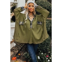 Green Flowy Plaid Accent Waffle Knit Henley Hoodie - S thumbnail