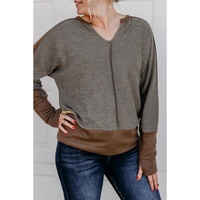 Brown Contrast Patchwork Thumbhole Sleeve Top - S thumbnail