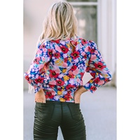 Blue Mock Neck Bubble Sleeve Floral Print Blouse - M thumbnail