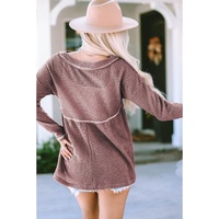 Pink Waffle Knit V Neck Long Sleeve Babydoll Top - S thumbnail
