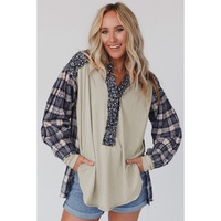 Blue Floral Plaid Mixed Print Bishop Sleeve Patchwork Top - S thumbnail