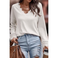 Azura Exchange White Ribbed Texture Lace Trim V Neck Top - M thumbnail