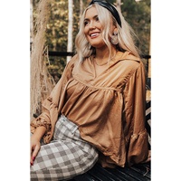 Brown Puff Sleeve Collared Pleated Babydoll Blouse - L thumbnail