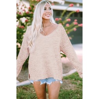 Pink Waffled Knit Long Sleeve V-Neck Frayed Top - XL thumbnail