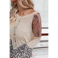 Leopard Sequin Patchwork Bell Sleeve V Neck Tunic Top - S thumbnail