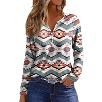White Aztec Geometric Print Long Sleeve Henley Top - M thumbnail
