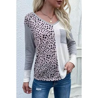 Leopard Patchwork Ribbed Color Block V Neck Top - M thumbnail
