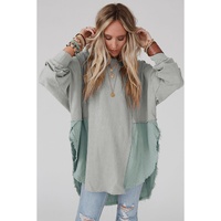 Grey Crinkle Splicing Raw Hem High Low Oversized Blouse - L thumbnail