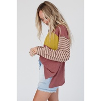Red Colorblock Striped Bishop Sleeve Top - S thumbnail