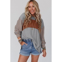 Gray Colorblock Striped Bishop Sleeve Top - L thumbnail