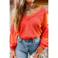 Red Studded V Neckline Exposed Seam Textured Knit Top - XL thumbnail