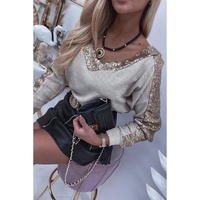 Azura Exchange Sequin Patchwork V Neck Long Sleeve Top - L thumbnail