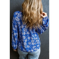 Blue Floral Notched V-Neck Long Sleeve Blouse - L thumbnail