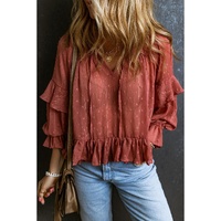 Azura Exchange Swiss Dot Lace Up V Neck Ruffled Blouse - M thumbnail