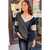 Black Brushed Contrast Knit V Neck Colorblock Long Sleeve Top - L thumbnail