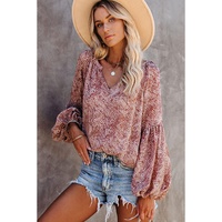 Azura Exchange Pleated Lantern Sleeve Abstract Print Blouse - M thumbnail