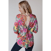 Azura Exchange Floral Long Sleeve Top with Twisted Hollow-out Back - M thumbnail
