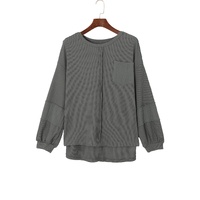 Gray Exposed Seam Patchwork Bubble Sleeve Waffle Knit Top - M thumbnail