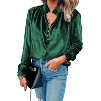 Blackish Green Frilled Neck Buttoned Front Velvet Top - L thumbnail