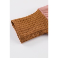 Brown Waffle Knit Patchwork Drawstring V Neck Hoodie - L thumbnail