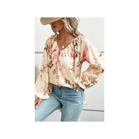 Azura Exchange Floral Print V-Neck Lantern Sleeve Blouse - S thumbnail