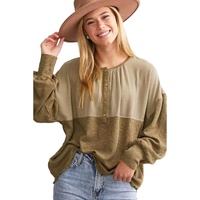 Khaki Ribbed Patchwork Drop Shoulder Buttoned Neckline Blouse - XL thumbnail