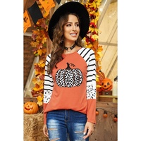 Orange Leopard Pumpkin Graphic Contrast Long Sleeve Top - S thumbnail
