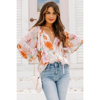 Azura Exchange Abstract Print Split Neck Puff Sleeve Blouse - L thumbnail