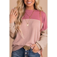 Pink Color Block Long Sleeve Ribbed Loose Top - M thumbnail