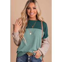 Green Color Block Long Sleeve Ribbed Loose Top - XL thumbnail