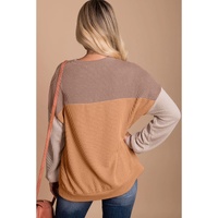 Khaki Color Block Long Sleeve Ribbed Loose Top - M thumbnail