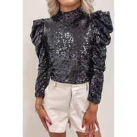 Black Sequin Mock Neck Bubble Sleeve Top - S thumbnail